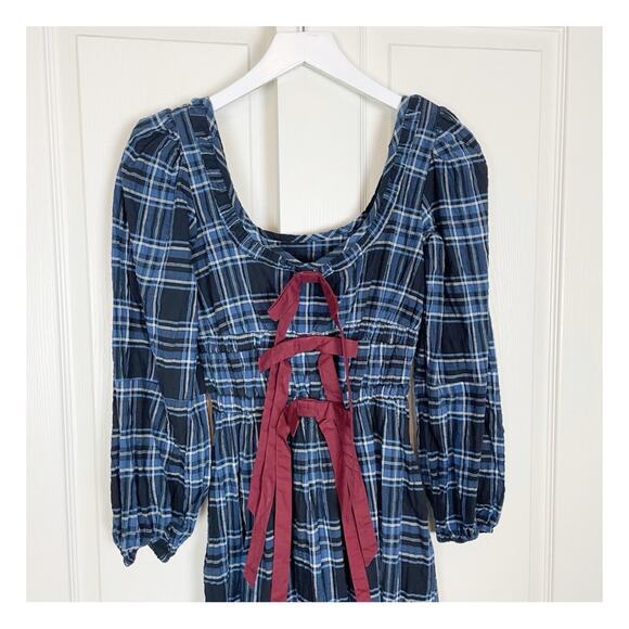 Damson Madder Dakota Blue Plaid Bow Tie Puff Sleeve Midi Dress Sz 6UK / 2 US - Picture 3 of 11